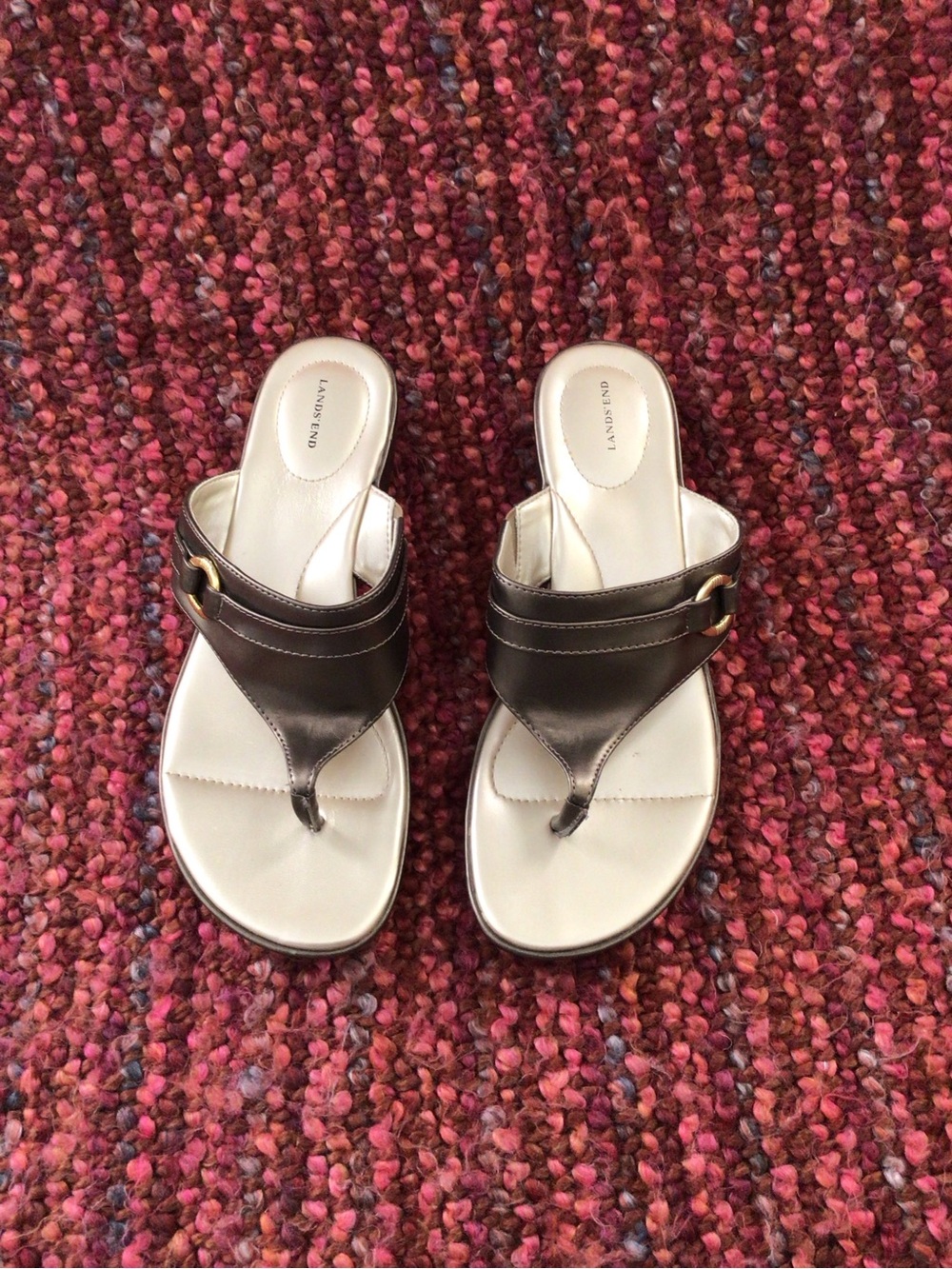 Lands' End Metallic Bronze Thong Sandals with Buckle Detail - 9W